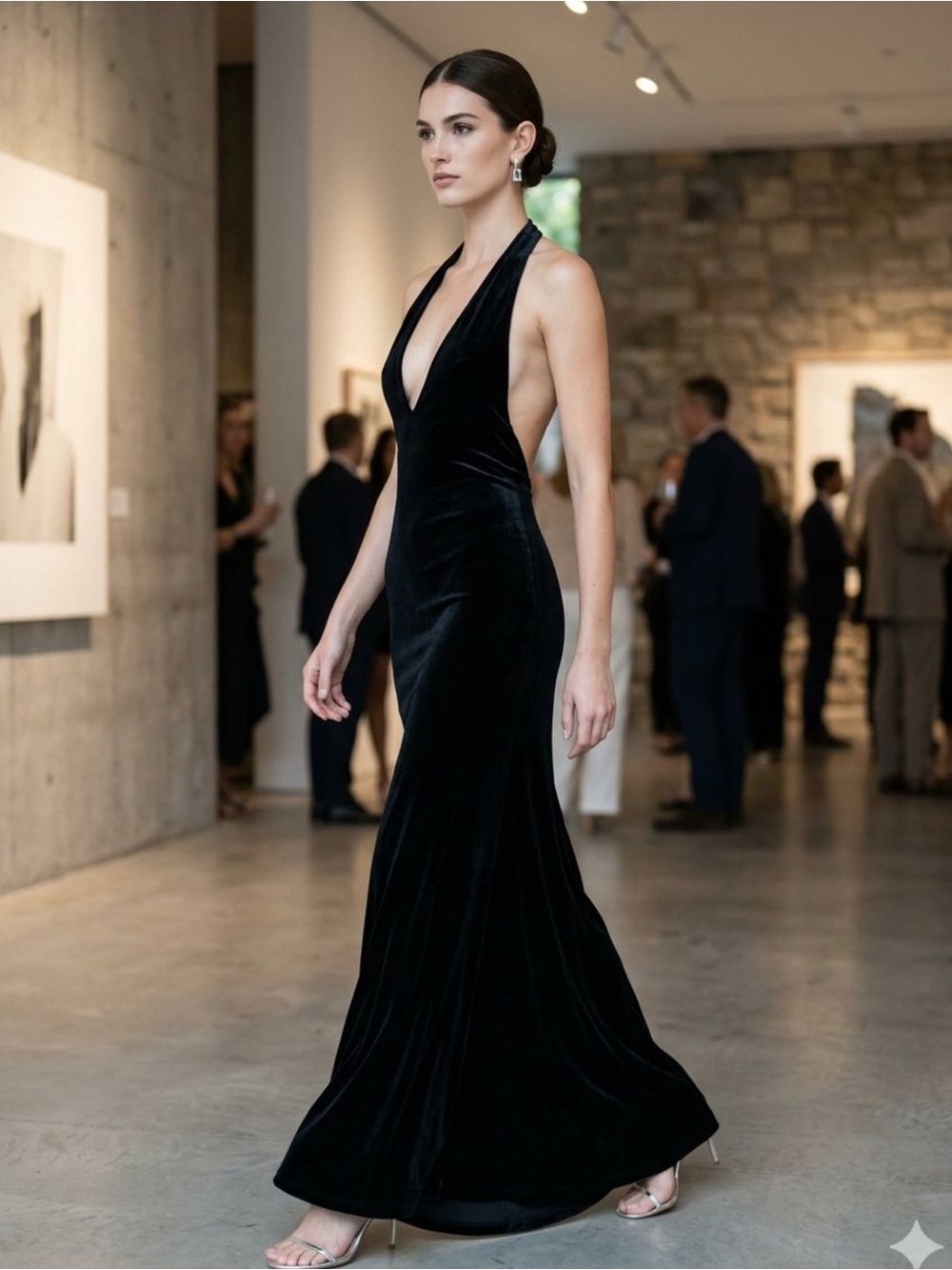 Fashion Nova Black Velvet Deep V Backless Halter Maxi Dress Old Hollywood XS